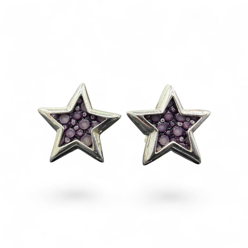 Purple Stingray Leather Star Stud Earrings 925 Sterling Silver Ocean Fish Posts
